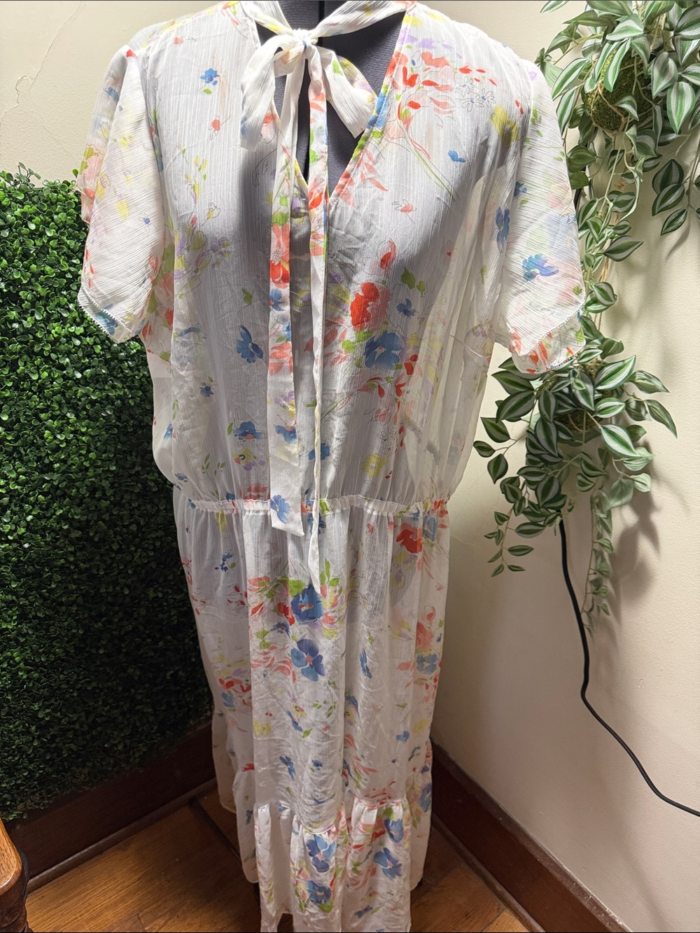 Lauren Ralph Lauren White Floral Midi Dress with Blue & Coral Accents